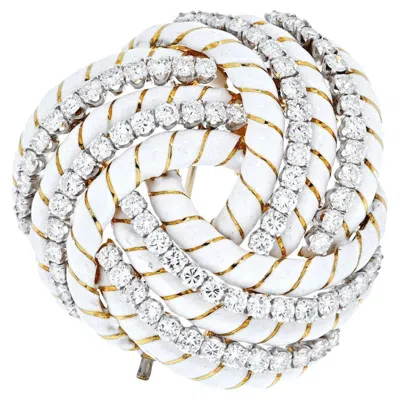Pre-owned David Webb 18k Yellow Gold White Enamel 8.00cttw Diamond Knot Brooch