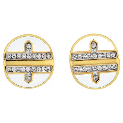 Pre-owned David Webb 18k Yellow Gold White Enamel Diamond Metro Clip Earrings
