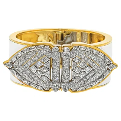 Pre-owned David Webb 18k Yellow Gold White Enamel Diamond Tips Vintage Cuff Bangle