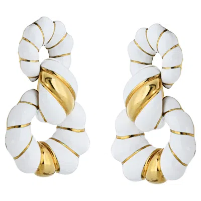 Pre-owned David Webb 18k Yellow Gold White Enamel Fluted Door Knocker Clip Earrings