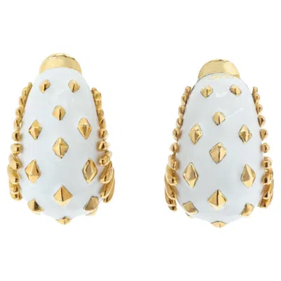 Pre-owned David Webb 18k Yellow Gold White Enamel Gold Lozenge Clip On Earrings