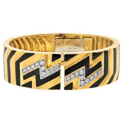 Pre-owned David Webb 18k Yellow Gold Zig Zag Diamond And Black Enamel Bangle Bracelet