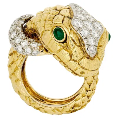 Pre-owned David Webb 18k Yellow Gold/platinum Diamond And Emerald Snake Ring