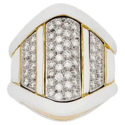 Pre-owned David Webb 18k Yellow Gold/platinum Diamond And White Enamel Escalator Ring