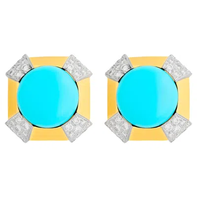 Pre-owned David Webb 18k Yellow Gold/platinum Persian Turquoise And Diamond Earrings