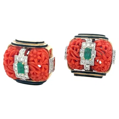 Pre-owned David Webb 18k Yg Clip On Earrings With 0.72 Ct Round Diamonds 0.5 Ct Emerald In Green