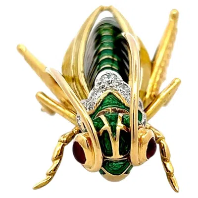 Pre-owned David Webb 18k Yg Platinum Grasshopper Pin Brooch With 1ct Round Diamonds And 0.25ct Rubies In Multiple