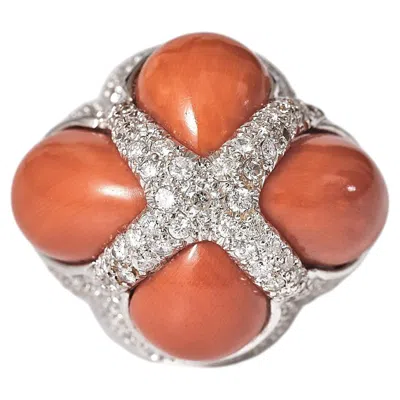 Pre-owned David Webb 18kt White Gold Coral And Diamond Dome Cocktail Ring, Circa 1970