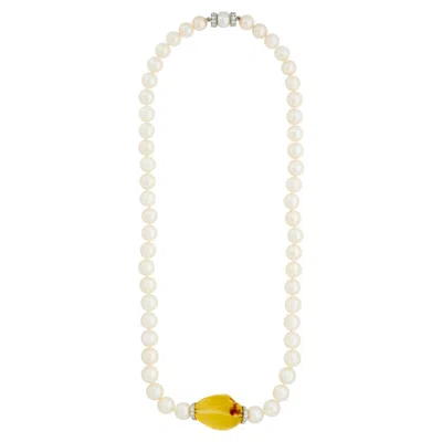 Pre-owned David Webb 18kwg/plat Amber Bead, Pearl And Diamond Rondelle Necklace In Brown