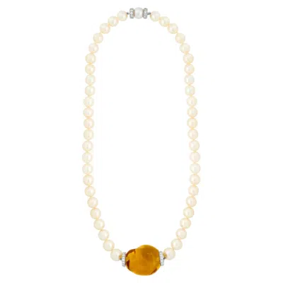 Pre-owned David Webb 18kwg/plat Amber Bead, Pearl And Diamond Rondelle Necklace In Brown