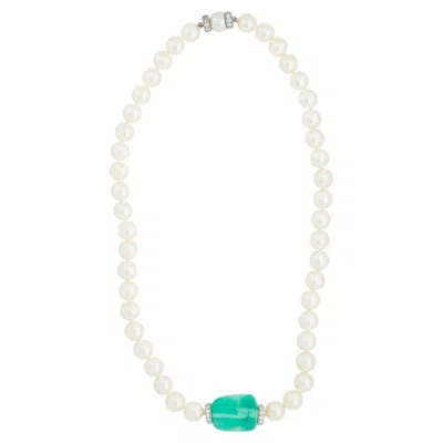 Pre-owned David Webb 18kwg/plat Emerald Bead, Pearl And Diamond Rondelle Necklace In Green