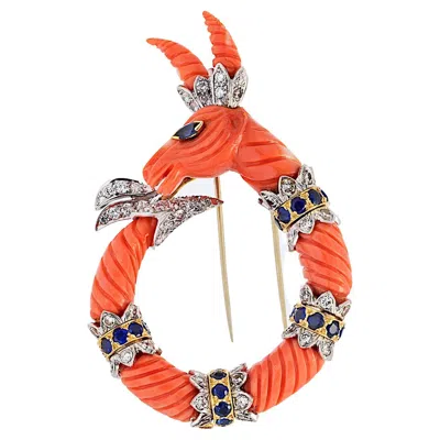 Pre-owned David Webb 18ky Gold And Platinum Carved Coral Capricorn Mountain Goat Brooch In Red
