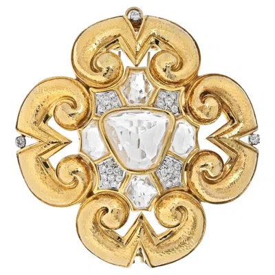 Pre-owned David Webb 18kyellow Gold Rock Crystal Large Maltese Cross Scroll Pendant Brooch In Multi
