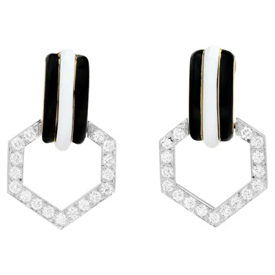 Pre-owned David Webb 18kyg And Platinum Onyx, White Enamel And Diamond Hex Drop Earrings