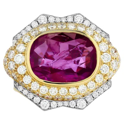 Pre-owned David Webb 18kyg/platinum Cushion Ruby Bezel Set Diamond Ring In Multi