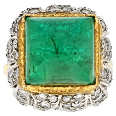 Pre-owned David Webb 1960s  Sugarloaf Cut Green Emerald And Diamond Vintage Ring