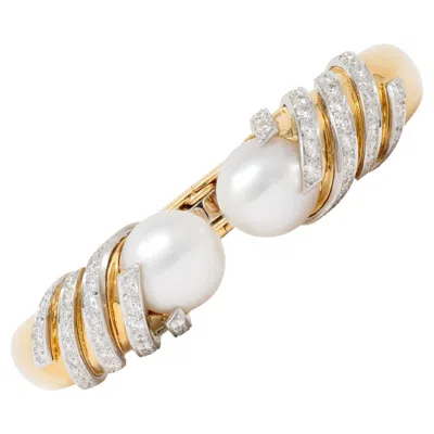 Pre-owned David Webb 1970's Diamond Pearl 18k Gold Platinum Vintage Swirl Cuff Bracelet In Multi