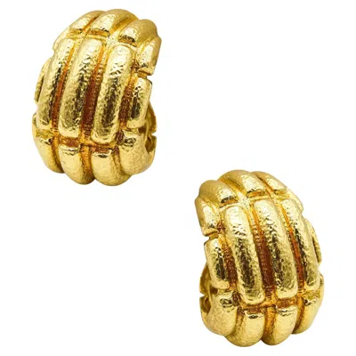 Pre-owned David Webb 1970 Rare Mayan Hoops Earrings In Solid Hammered 18kt Yellow Gold