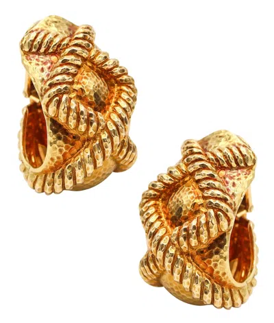 Pre-owned David Webb 1975 Cased Knoots Hoop Clips Earrings In Solid 18kt Yellow Gold