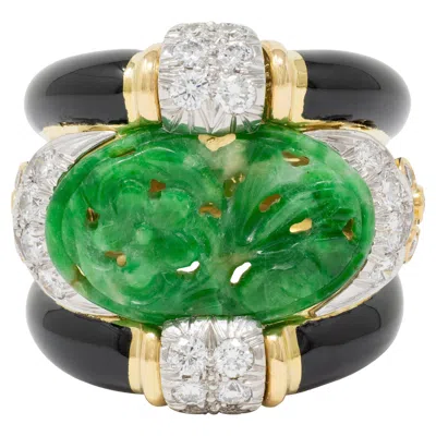 Pre-owned David Webb 1980's Jade Diamond Enamel Platinum 18k Gold Floral Vintage Band Ring In Green