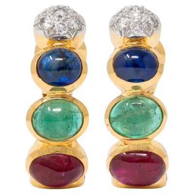 Pre-owned David Webb 1980's Multi-gem 18k Gold Platinum Vintage J-hoop Ear-clip Earrings In Multiple