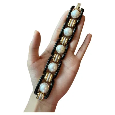 Pre-owned David Webb 1980s Pearl Diamond Black Enamel 18k Gold Link Bracelet