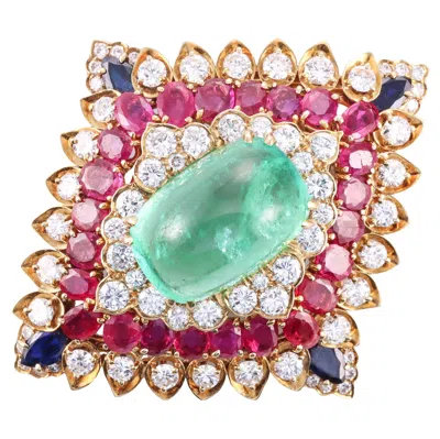 Pre-owned David Webb 26ct Emerald Ruby Sapphire Diamond Gold Brooch Pendant In Green