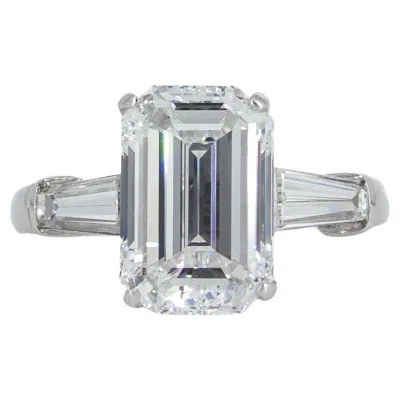 Pre-owned David Webb 5.01 Carat Emerald Cut Gia F Vs1 Platinum Three-stone Ring In Green