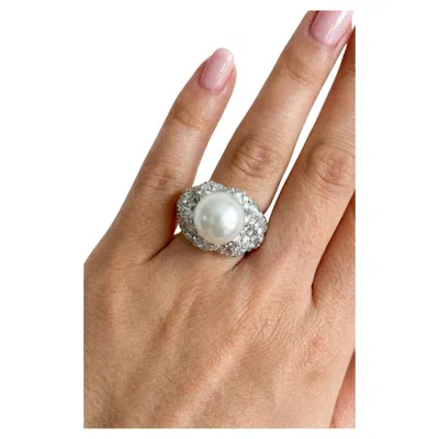 Pre-owned David Webb 8 Carat Pearl And Diamond Halo Ring In Platinum In Multi