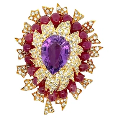 Pre-owned David Webb 9.50 Carat Ruby 9.00 Carat Amethysts 6.54 Carat Diamond 18k Yg Pin In Purple