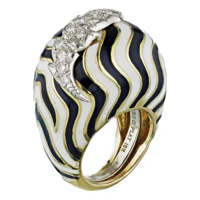 Pre-owned David Webb Black Bombe And White Diamond Enamel Platinum Gold Ring
