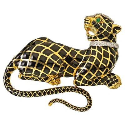 Pre-owned David Webb Black Enamel 18k Yellow Gold Panther With Diamond Collar Brooch