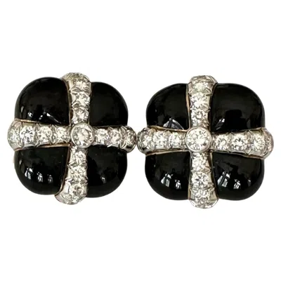 Pre-owned David Webb Black Enamel And Diamond Gift Box Ear Clips