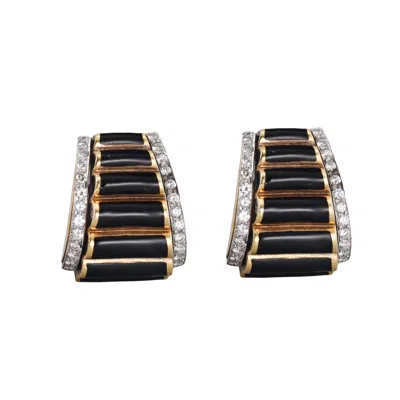 Pre-owned David Webb Black Enamel Diamond Gold Platinum Half Hoop Earrings