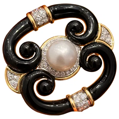 Pre-owned David Webb Black Enamel, Pearl And Diamond Brooch, 1980s