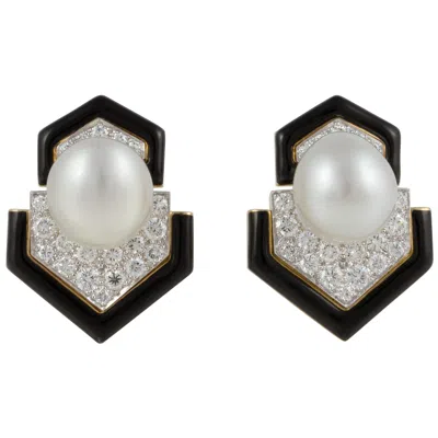Pre-owned David Webb Black Enamel Pearl And Diamond Earrings