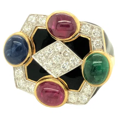 Pre-owned David Webb Black Enamel Ruby Emerald Sapphire Diamond Ring 18k Yellow Gold