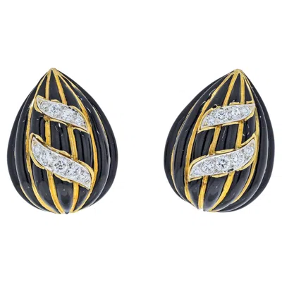 Pre-owned David Webb Black Enamel, Striped And Diamond Tear Drop Clip Earrings