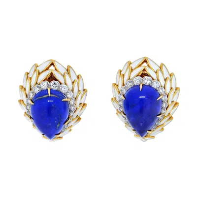 Pre-owned David Webb Blue Lapis, Diamonds And White Enamel Earrings