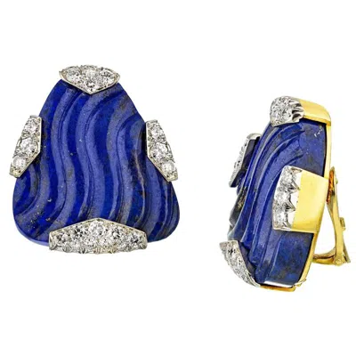 Pre-owned David Webb Blue Lapis Lazuli Diamond Clip-on In 18k Gold And Platinum Earrings