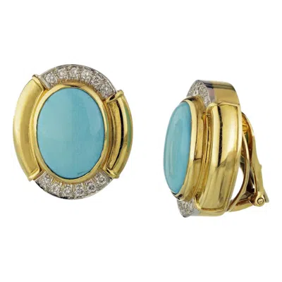 Pre-owned David Webb Blue Turquoise Diamond Gold Platinum Oval Earrings