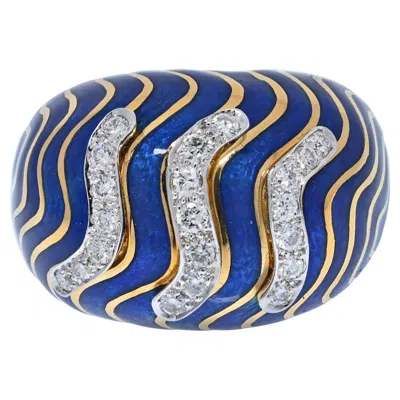 Pre-owned David Webb Bombe 18k Yellow Gold & Platinum Diamond Blue Enamel Ring