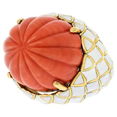 Pre-owned David Webb Bombe Platinum & 18k Yellow Gold Carved Coral White Enamel Ring