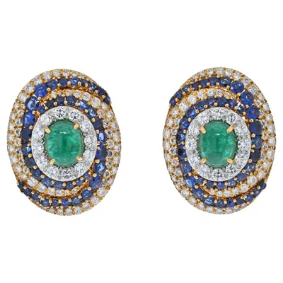 Pre-owned David Webb Bombe Style Highly Decorated Diamond, Sapphire And Emerald Earrings In Green