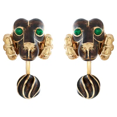 Pre-owned David Webb Brown And Green Enamel Ram's Head Cufflinks In 18k Yellow Gold