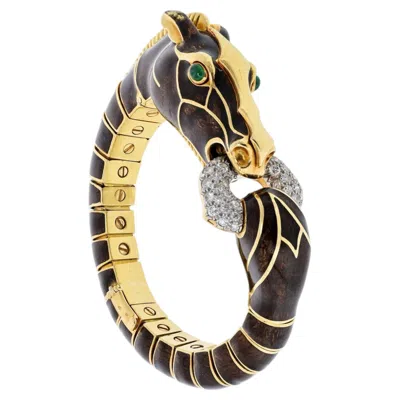 Pre-owned David Webb Brown Enamel Emerald Diamond 18k Gold Horse Bracelet In Green