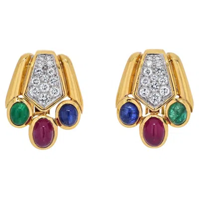 Pre-owned David Webb Cabochon Sapphire, Emerald And Ruby Bear Paw Earrings In Green