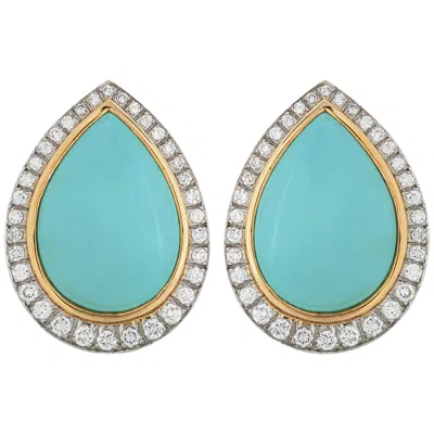 Pre-owned David Webb Cabochon Turquoise And Diamond Earrings In 18 Karat Gold And Platinum In Multi