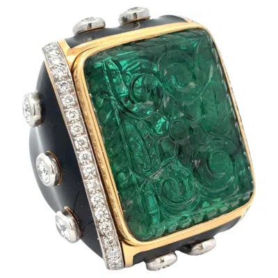 Pre-owned David Webb Carved Emerald And Diamond Ring In Green