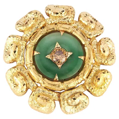 Pre-owned David Webb Carved Jade & Diamond Disc Brooch In Green